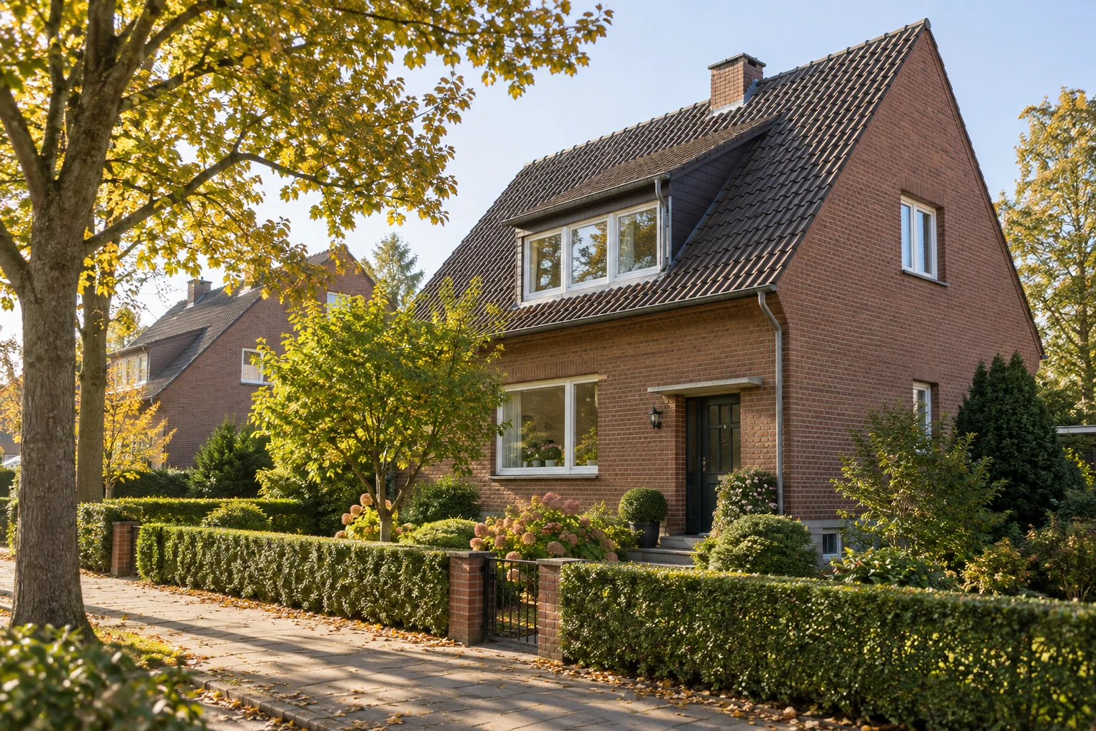 Gepflegtes Backsteinhaus mit Garten in einer ruhigen Wohnstraße am Niederrhein.